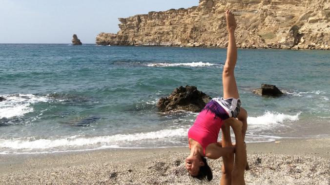 Amanda with David Lurey acro flying at Triopetra beach