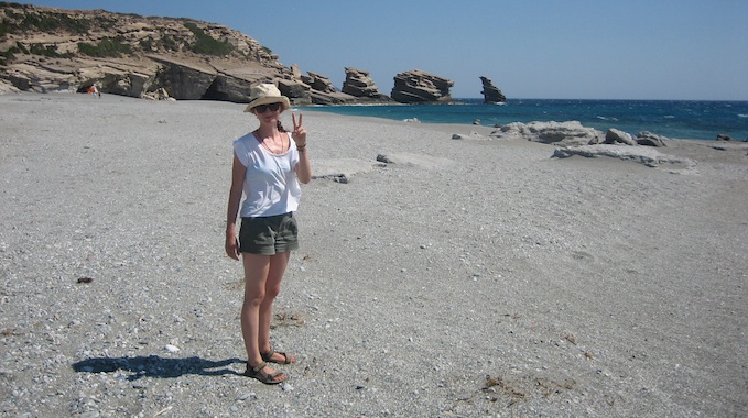 Melissa in full beach gear at Triopetra rocks